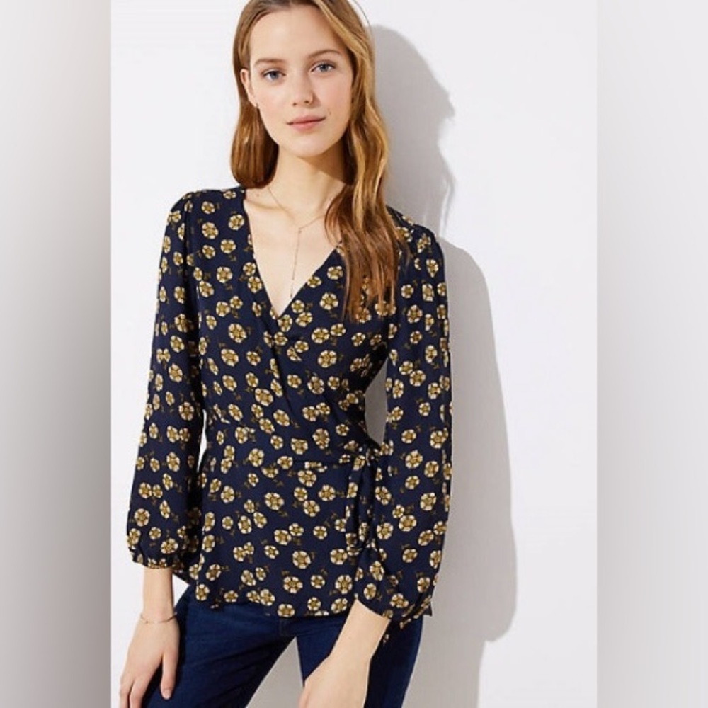 Loft Women’s Navy Floral Wrap Top - Long Sleeve